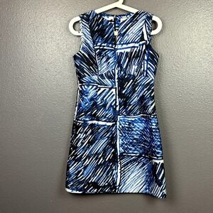 MILLY Women's 4 Satin Twill COCO Sheath Dress Blue White Scribble Print *READ*